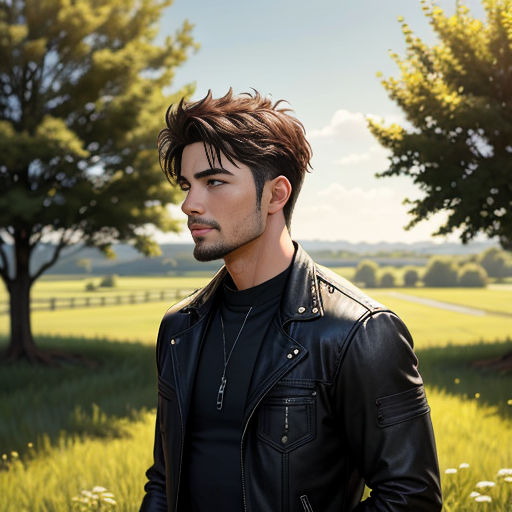 a man in a black leather jacket standing in a field of grass and trees with a sky background and a field of grass and trees