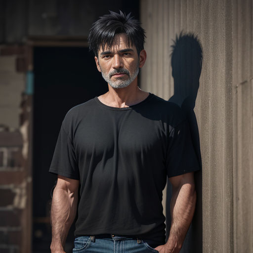a man standing next to a building with his hands in his pockets and his shadow on the wall behind him