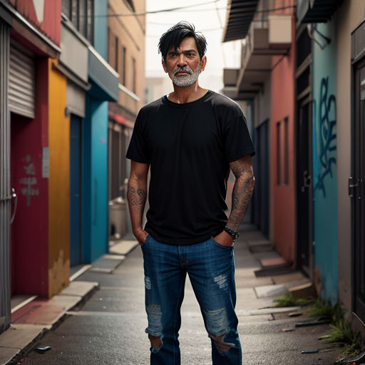 a man standing in an alleyway with his hands in his pockets and his hands in his pockets, with a black shirt and jeans on