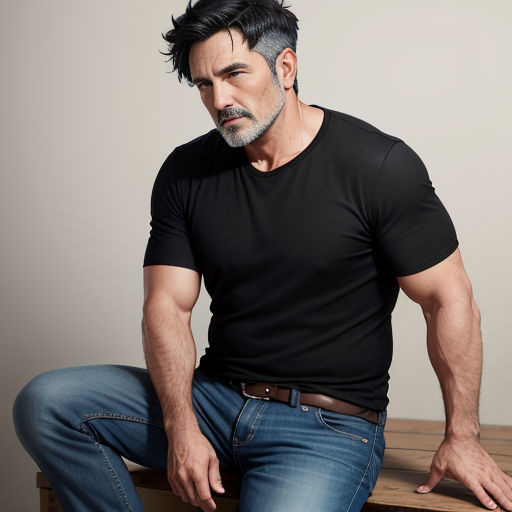 a man sitting on a wooden table with his hands on his hips and his hands on his knees, wearing a black shirt and jeans