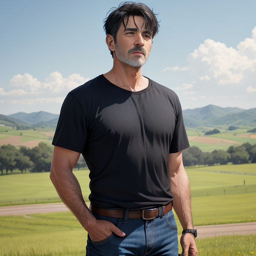 a man standing in a field with mountains in the background and a sky with clouds in the background, wearing a black shirt and jeans
