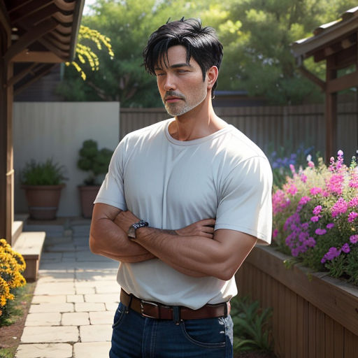 a man standing in a garden with his arms crossed and his arms crossed, looking at the camera, with his arms crossed