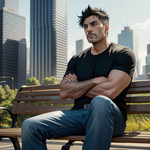 a man sitting on a bench in a city park with his arms crossed and his head resting on his chest