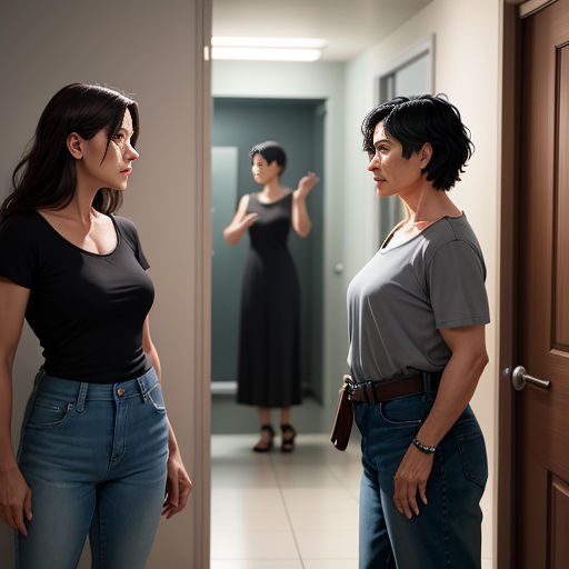 a woman standing in front of a mirror next to another woman in a hallway with a door open and a woman standing in the background