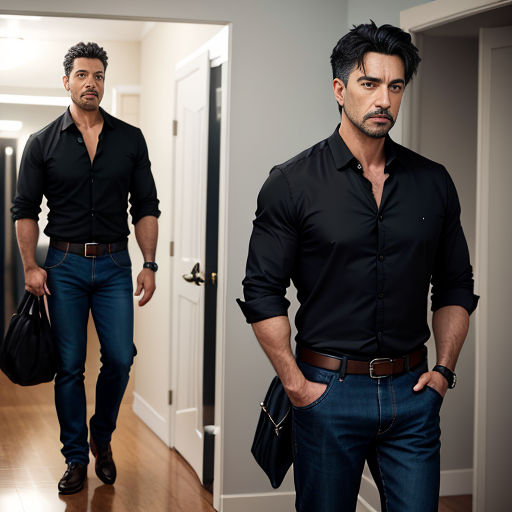 a man in a black shirt and jeans is standing in a hallway with a handbag and a handbag