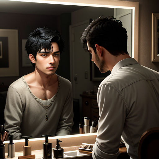 a man looking at himself in the mirror in a bathroom mirror with a man in the reflection of the mirror