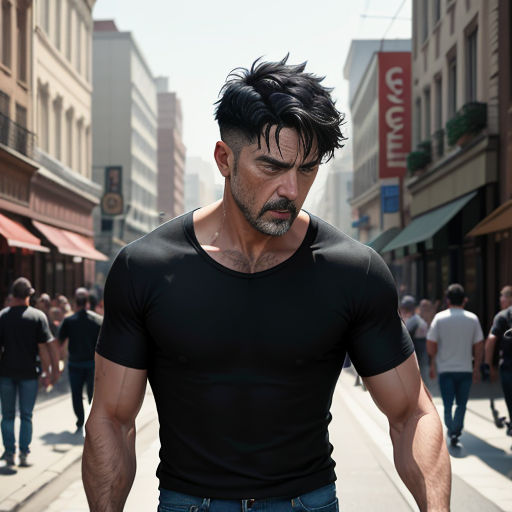 a man with a beard and a black shirt on a city street with people walking by and buildings in the background