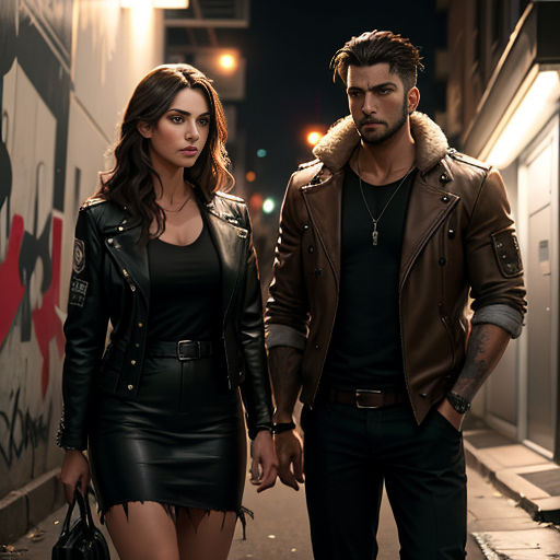 a man and a woman walking down a street at night with a graffiti wall behind them and a man in a leather jacket and a black dress