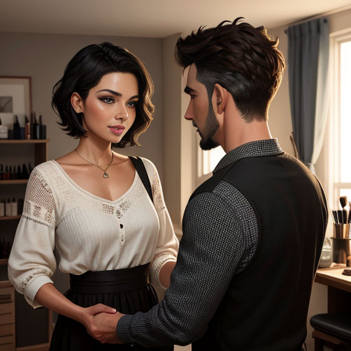 a man and a woman standing in a room together, one of them is holding the other's hand