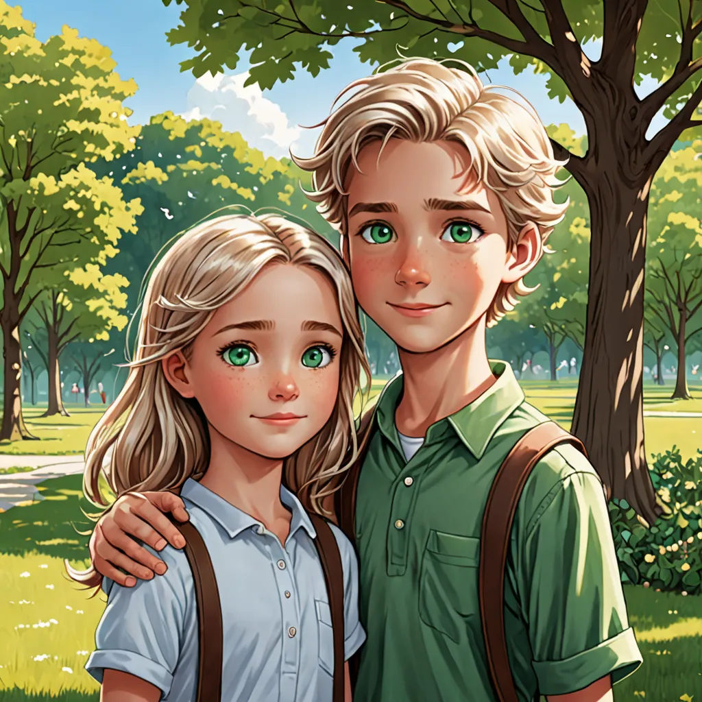 a boy and a girl are standing in the grass near a tree and a road with a sign that says, you are here, paris school, a storybook illustration, Cliff Childs, rossdraws global illumination