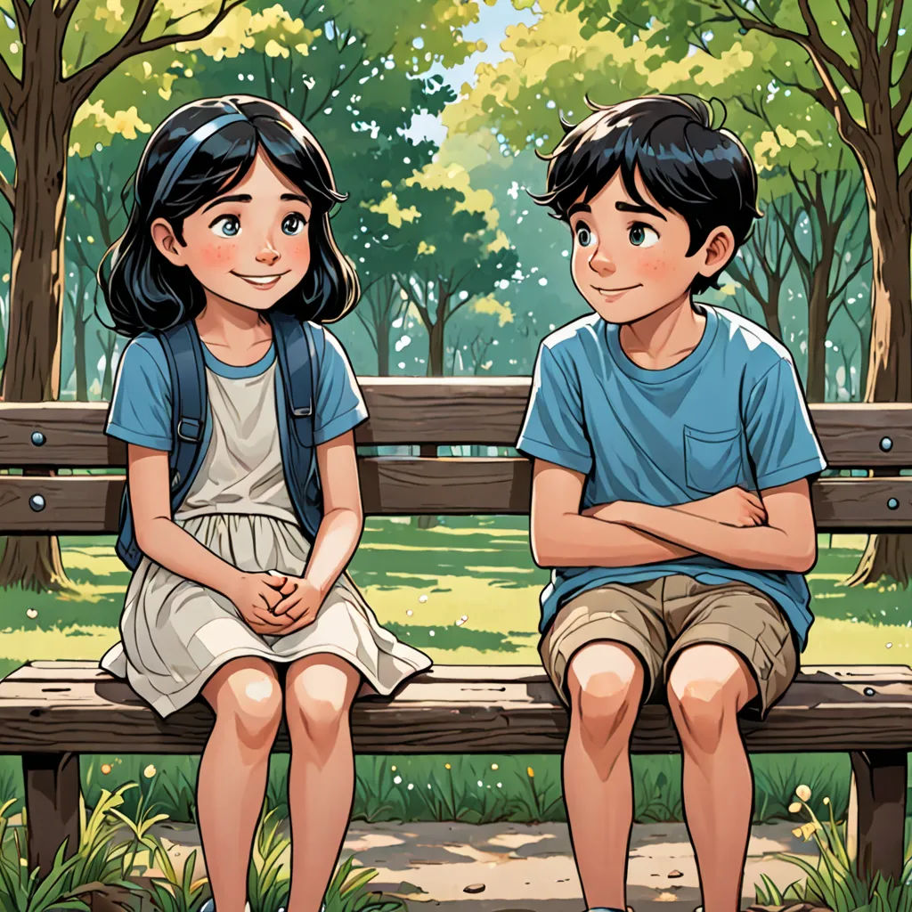 a boy and a girl sitting on a bench in a park with trees and grass behind them, looking at each other, serial art, a storybook illustration, Diego Gisbert Llorens, book cover