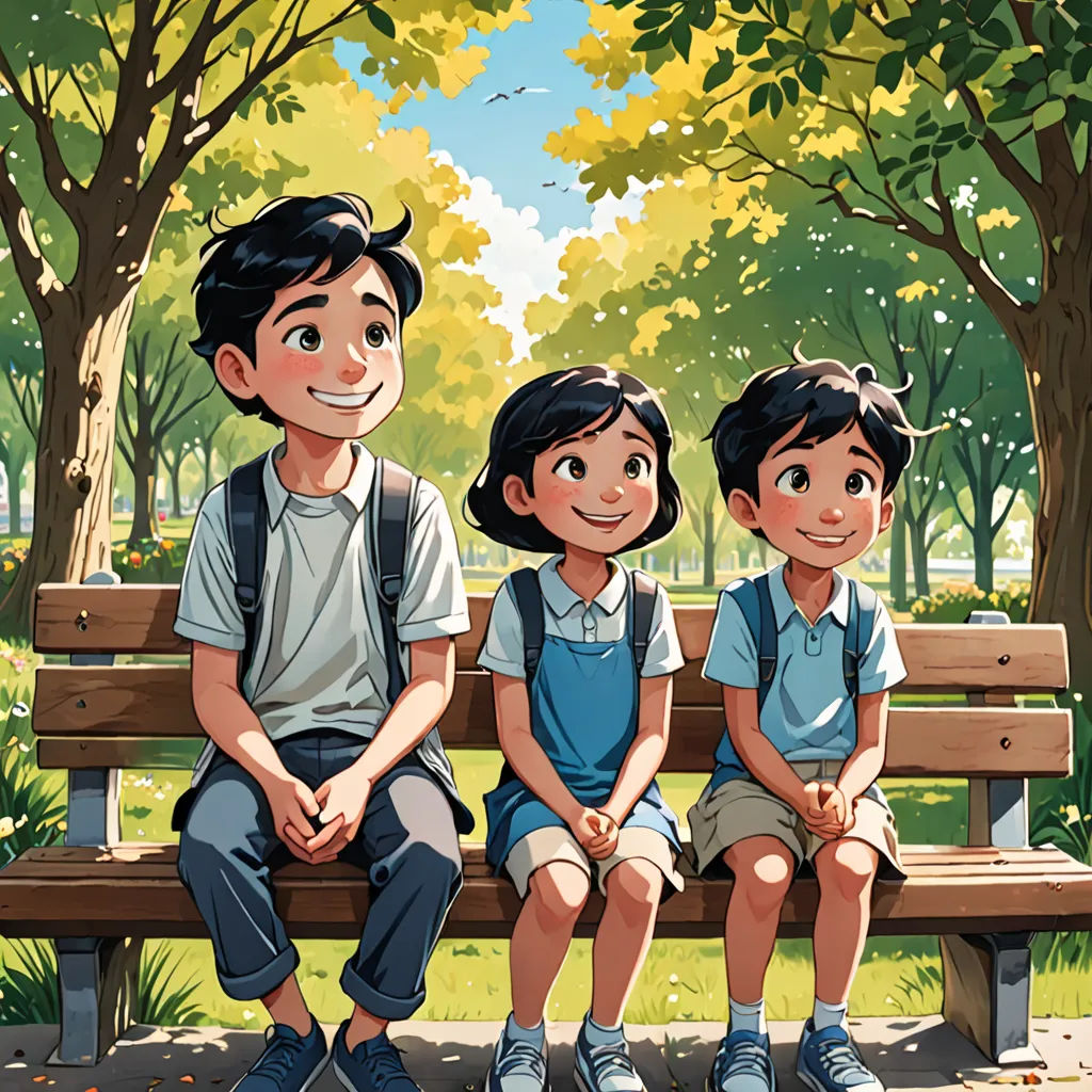 a painting of three children sitting on a bench in a park with trees and grass in the background,, private press, a storybook illustration, Diego Gisbert Llorens, official art