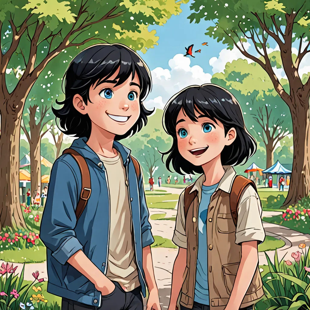 a couple of people standing next to each other in a park with trees and flowers on the ground and a bird flying overhead, lyco art, a storybook illustration, Cliff Childs, comic cover art