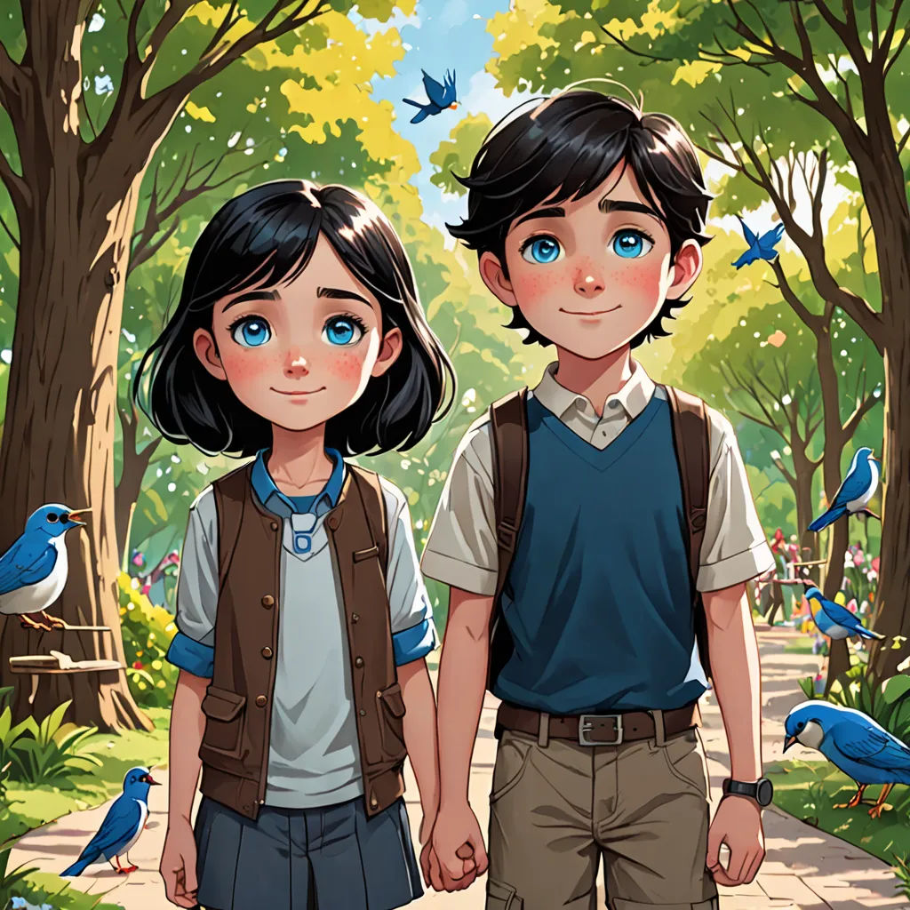 a couple of people standing next to each other in a forest with birds flying around them and trees and a path, paris school, a storybook illustration, Cliff Childs, official art