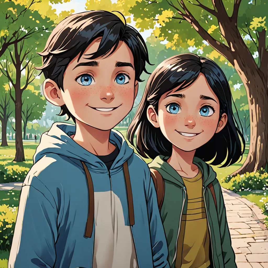 a couple of people standing next to each other in a park with trees and grass on both sides of them, paris school, a comic book panel, Cliff Childs, rossdraws global illumination