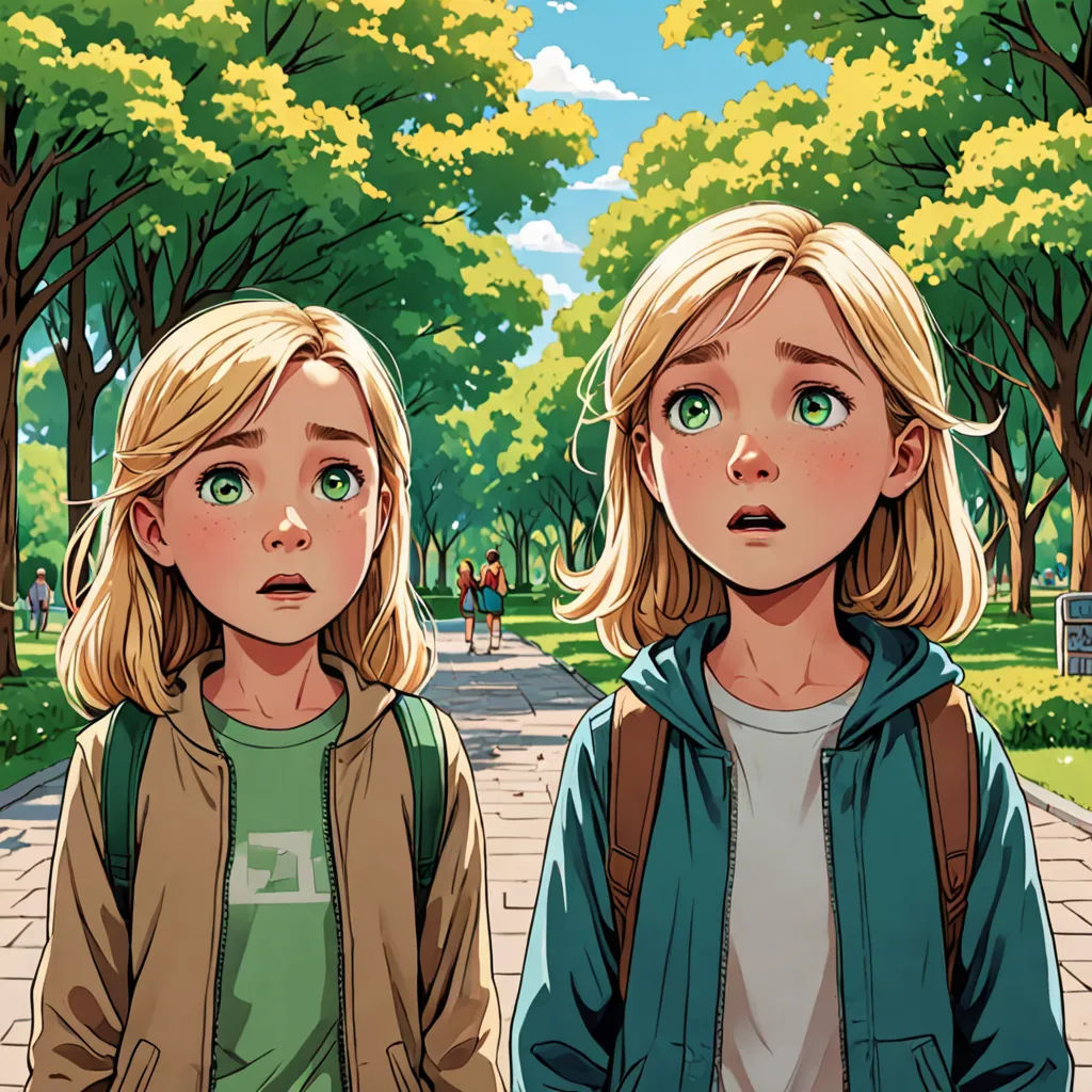 two young girls standing in a park with trees in the background and a man walking behind them with a backpack, vancouver school, a comic book panel, Aaron Jasinski, rossdraws global illumination