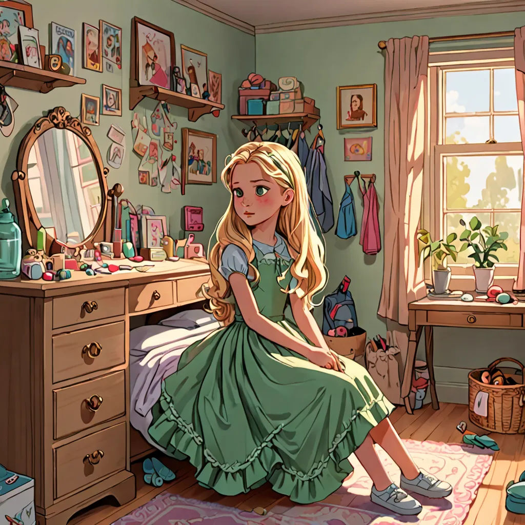 a girl sitting on a bed in a room with a dresser and a mirror and a dresser with a drawer, photorealism, a storybook illustration, disney, rossdraws global illumination