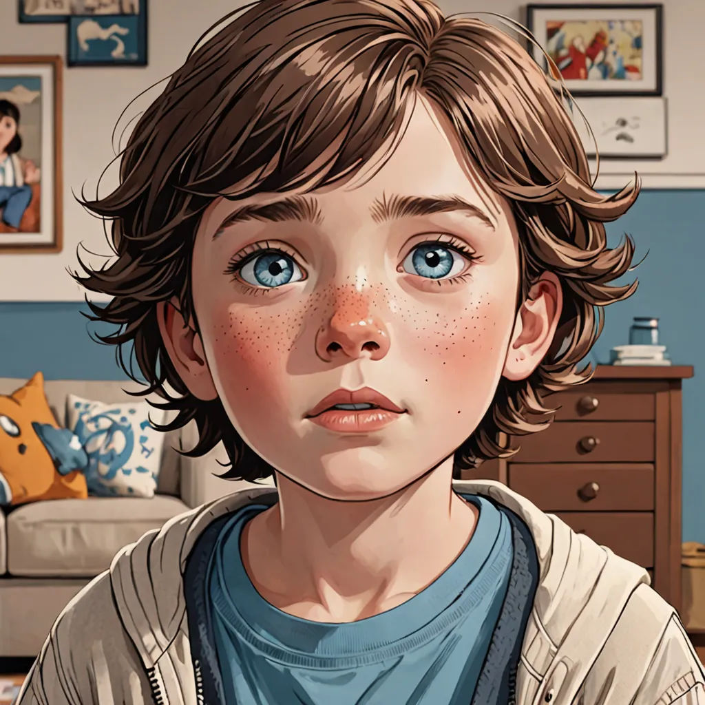 a boy with blue eyes is looking at the camera in a living room with a couch and a table, hyperrealism, a comic book panel, Aaron Jasinski, stanley artgerm lau