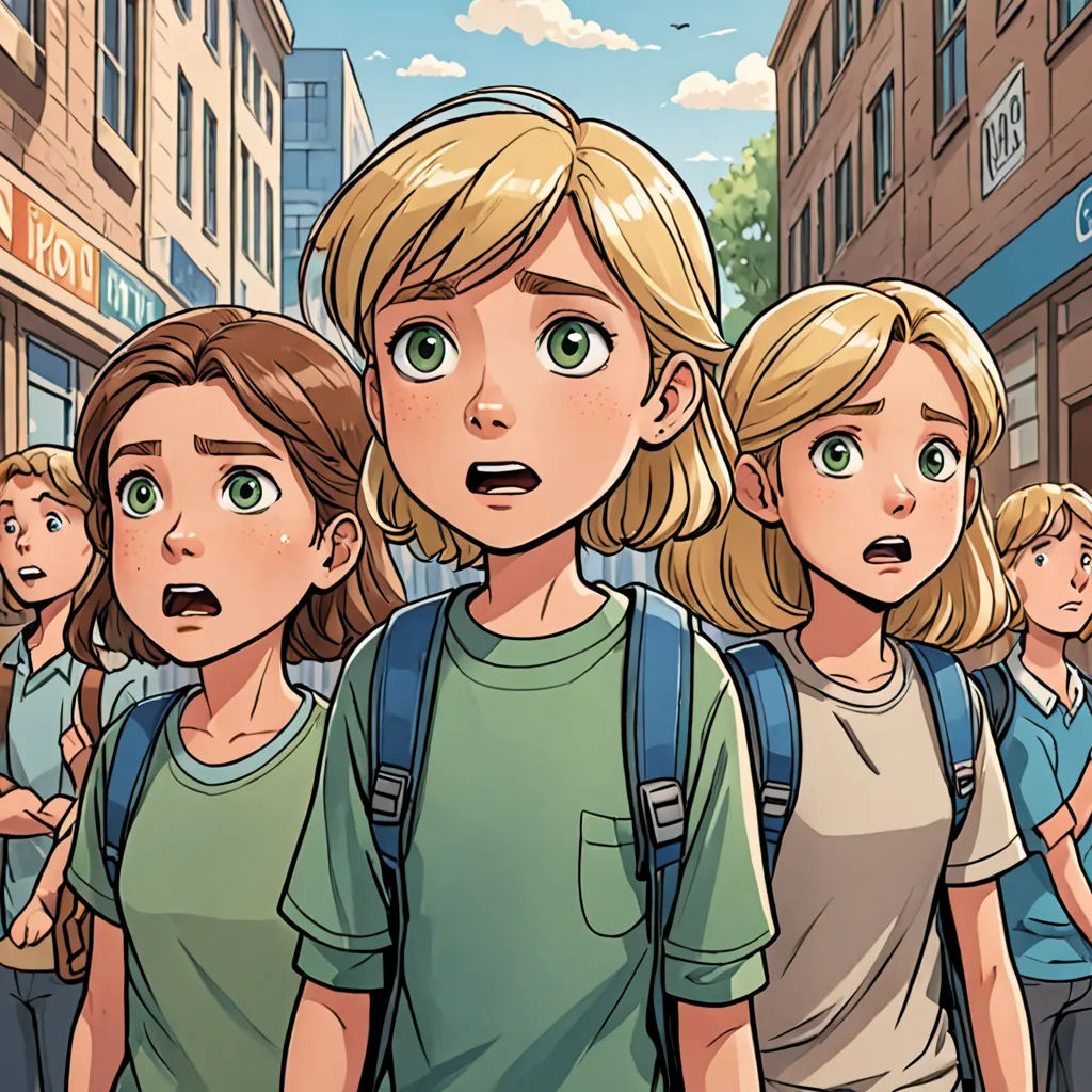 a group of people standing in a line on a city street with a surprised look on their face and a crowd of people behind them, process art, a comic book panel, Cliff Childs, comic cover art