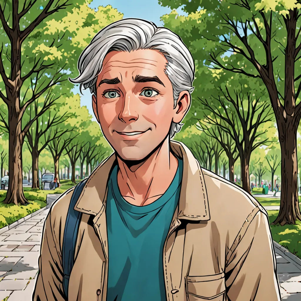 a man with a beard and a blue shirt is standing in a park with trees and a sidewalk with a man with a backpack, cynical realism, a comic book panel, Clark Voorhees, official art
