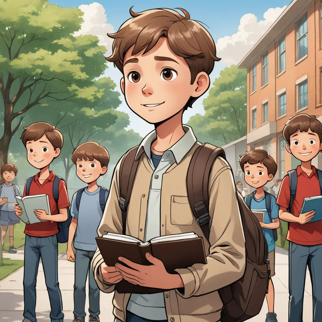 a boy is standing in front of a group of boys with books in his hands and a backpack on his shoulder, paris school, a comic book panel, Cedric Seaut (Keos Masons), official art