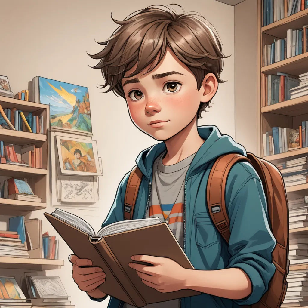 a boy is reading a book in a library with bookshelves in the background and a painting of a boy in the foreground, academic art, a character portrait, Andrey Esionov, rossdraws global illumination