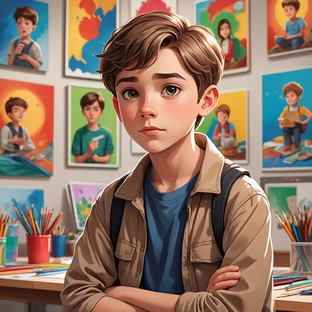 a boy with his arms crossed in front of a desk with many paintings on the wall behind him and a backpack on his shoulder, american scene painting, a detailed painting, artist, art station