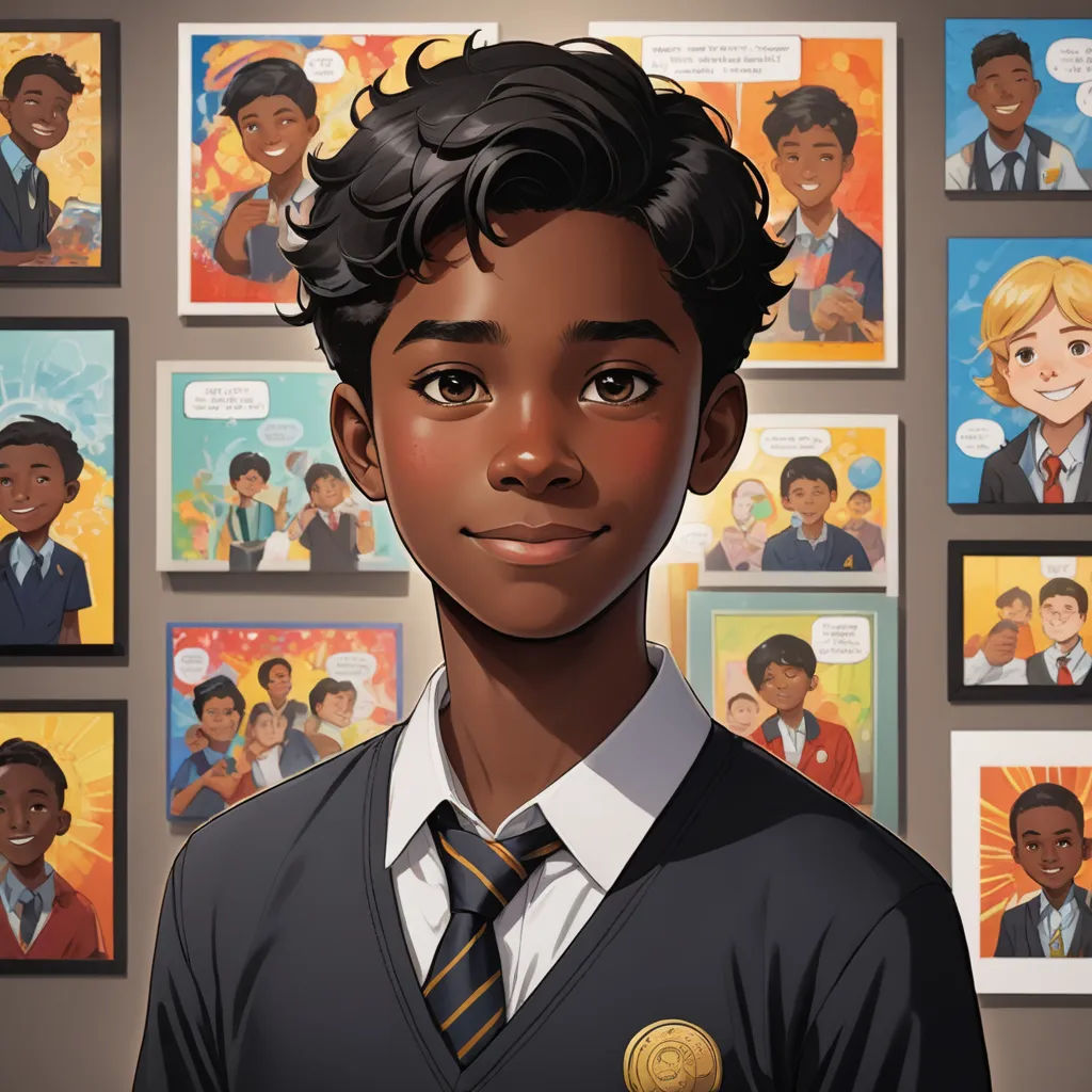 a boy in a school uniform standing in front of a wall of children's portraits of him and his school colors, sots art, a character portrait, Cedric Seaut (Keos Masons), official art