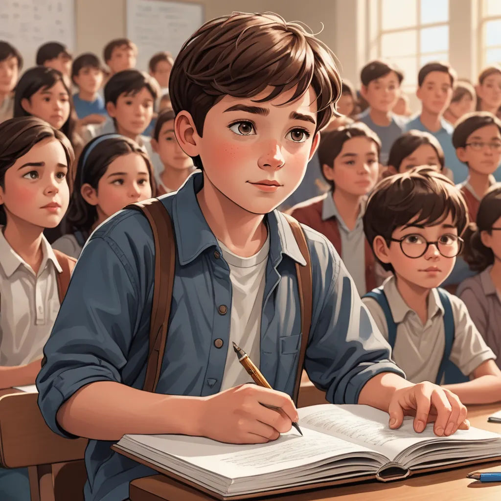 a boy sitting at a desk with a book and pen in front of him and a group of other children, vancouver school, a comic book panel, Aaron Jasinski, stanley artgerm lau