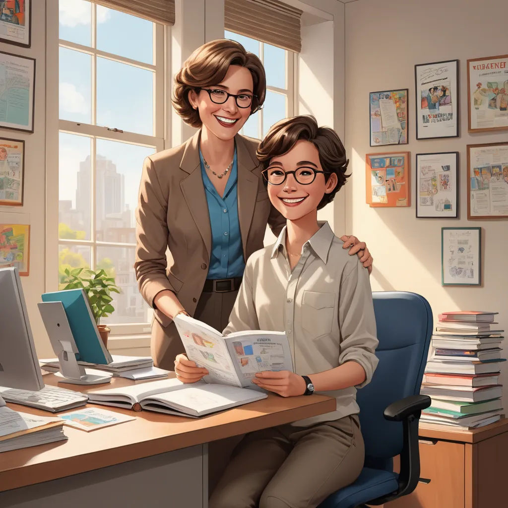 a woman and a boy are sitting at a desk with a computer and a book in front of them, american scene painting, computer graphics, Ada Gladys Killins, graphic novel