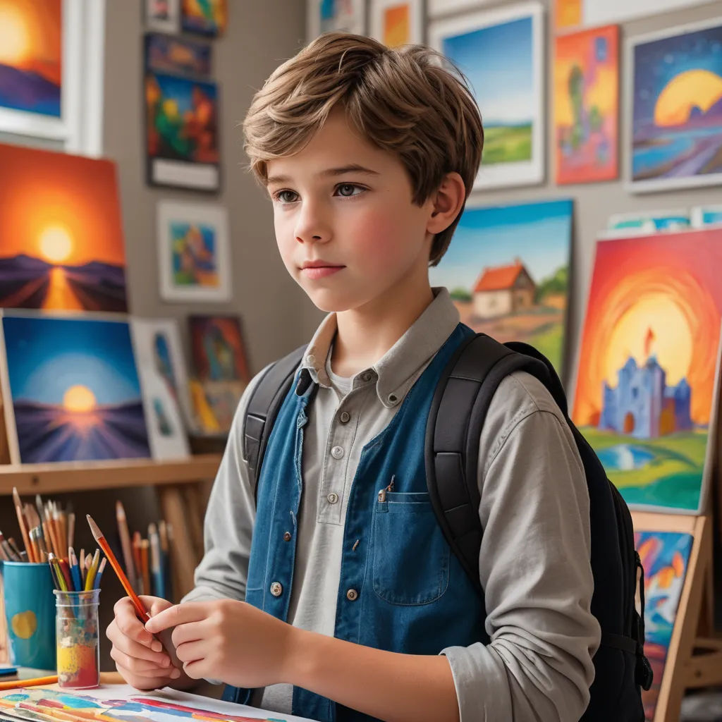 a boy is painting in a room with paintings on the wall and a cup of paint on the table, naive art, an airbrush painting, artist, art station