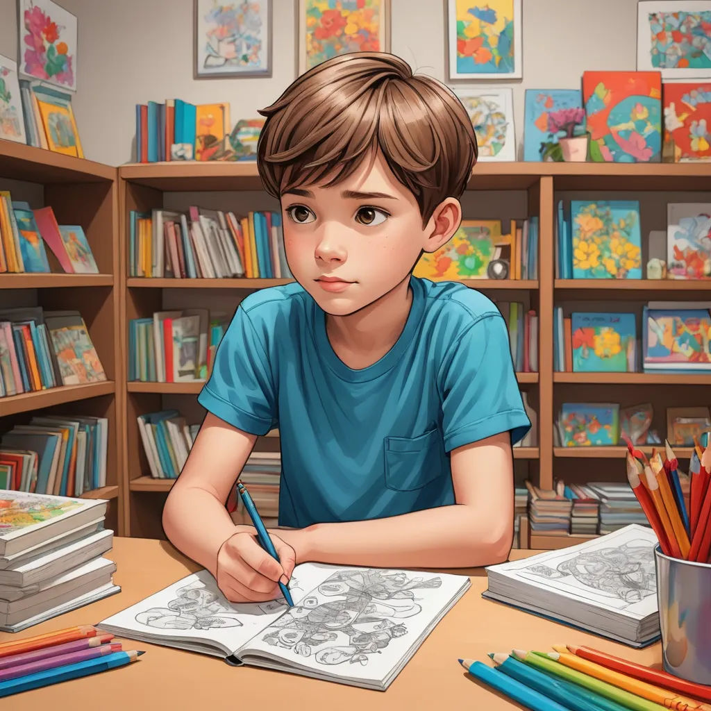 a boy is sitting at a table with a book and pencils in front of him and a bookcase full of books, photorealism, a storybook illustration, Artgerm, rossdraws global illumination