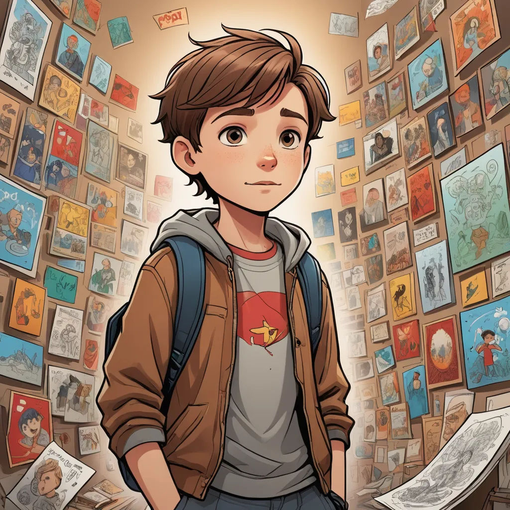 a boy standing in front of a wall of pictures and books with a backpack on his back and a backpack on his shoulder, process art, a comic book panel, Aaron Jasinski, graphic novel
