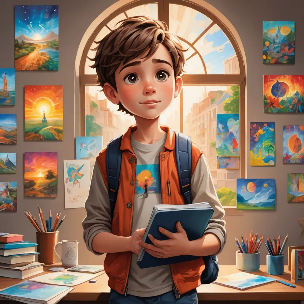 a boy is holding a book in front of a window with paintings on the wall behind him and a book in his hands, fantasy art, a detailed painting, Chris LaBrooy, art station