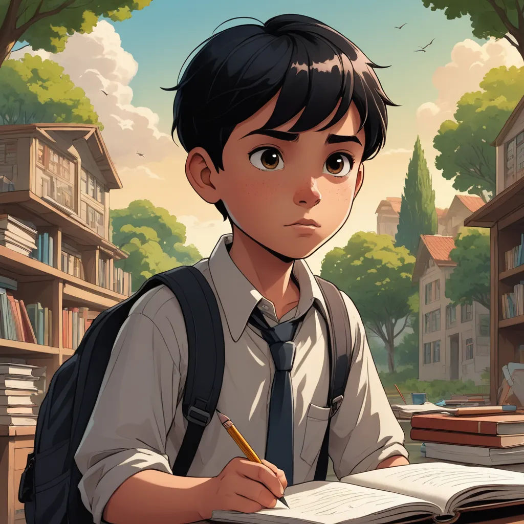 a boy is sitting at a desk with a book and a pen in his hand and a book in his other hand, paris school, a character portrait, Aaron Jasinski, rossdraws global illumination