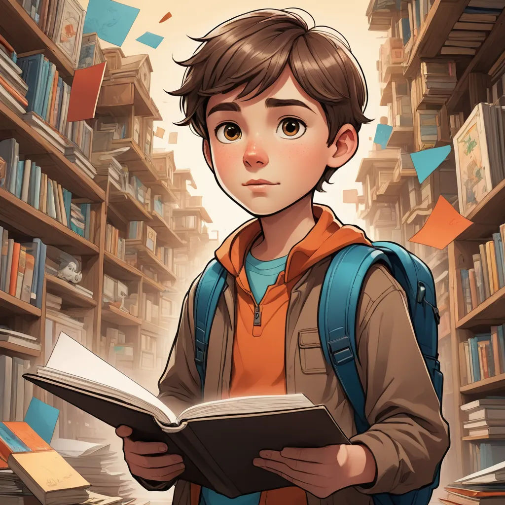 a boy is reading a book in a library with books falling from the shelves behind him and a bookcase in the background, fantasy art, a character portrait, Cyril Rolando, rossdraws global illumination