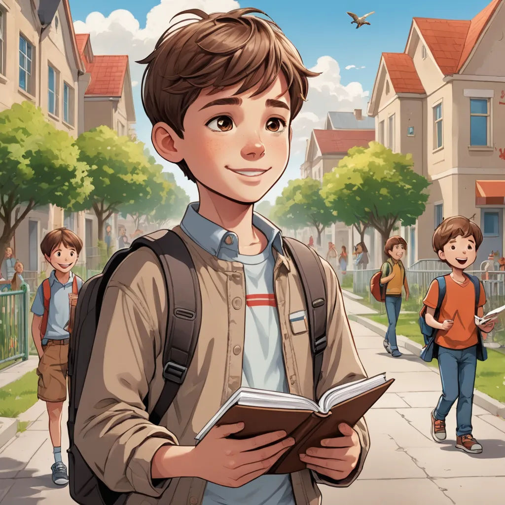 a boy is standing on a sidewalk with a book in his hands and a group of people walking behind him, paris school, a storybook illustration, Cliff Childs, graphic novel