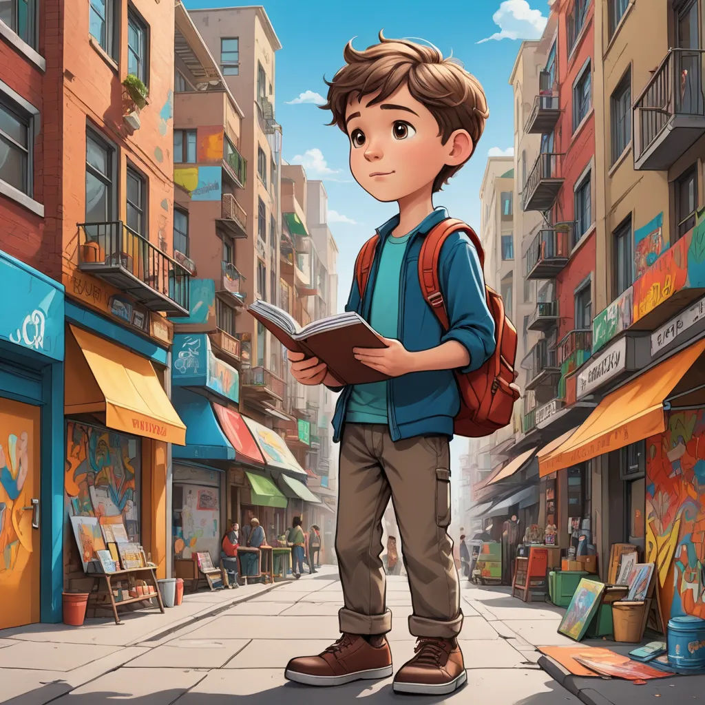 a boy standing in the middle of a city street holding a book and looking at the camera with a city in the background, photorealism, a storybook illustration, Chris LaBrooy, rossdraws global illumination