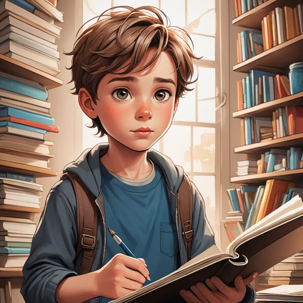 a boy is holding a book and a pen in his hand and looking at the camera while standing in front of a bookshelf, academic art, a storybook illustration, Aaron Jasinski, stanley artgerm lau