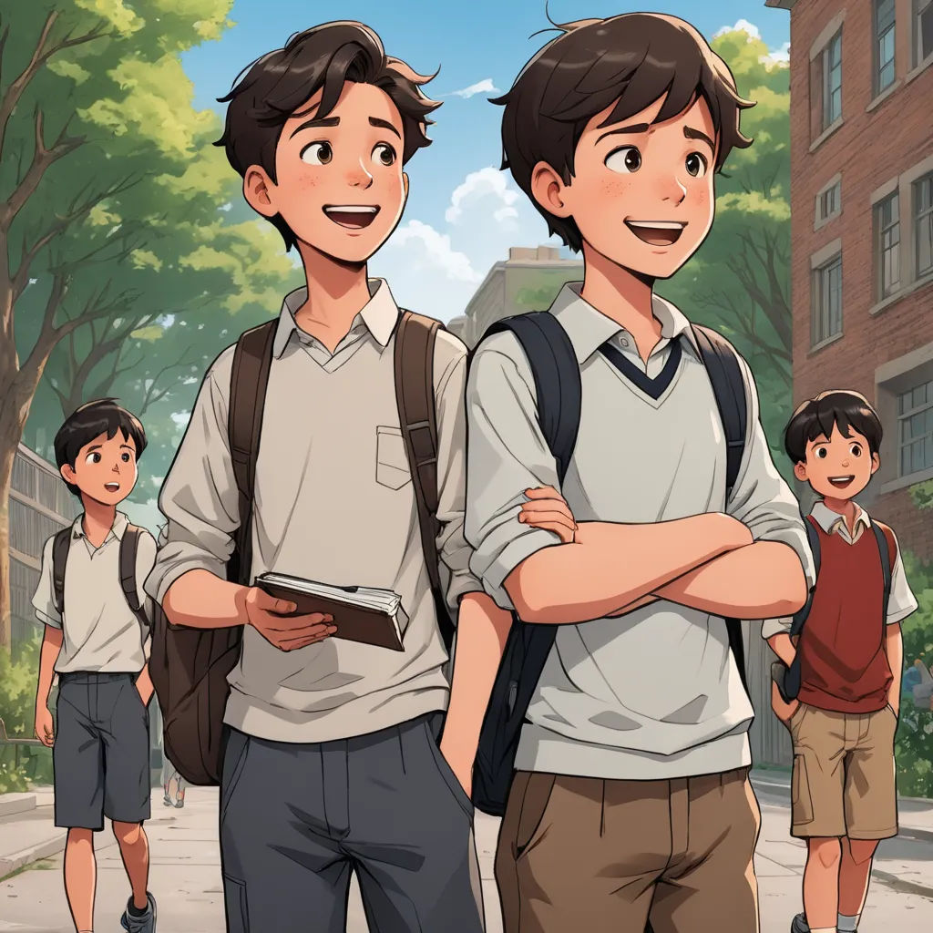 a group of young men standing next to each other on a street with a building in the background and trees, vancouver school, a comic book panel, Brothers Hildebrandt, official art