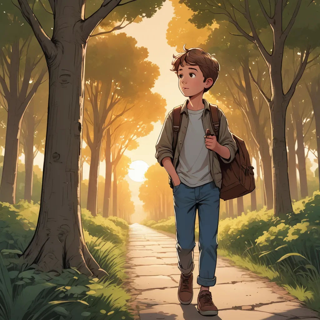a boy walking down a path in the woods with a backpack on his back and a backpack on his shoulder, fantasy art, a storybook illustration, Aaron Jasinski, rossdraws global illumination