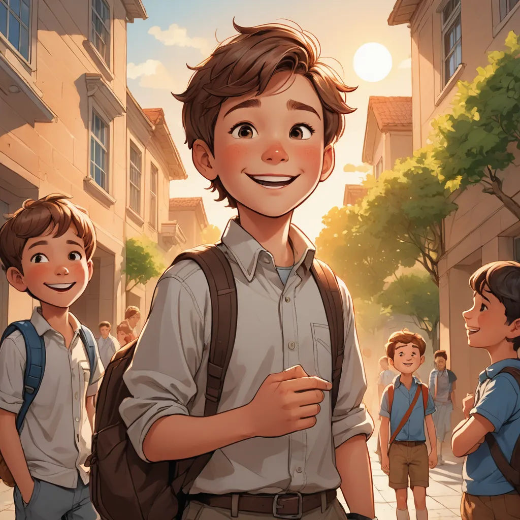a boy with a backpack standing in front of a group of boys on a street with buildings in the background, paris school, a storybook illustration, Diego Gisbert Llorens, rossdraws global illumination