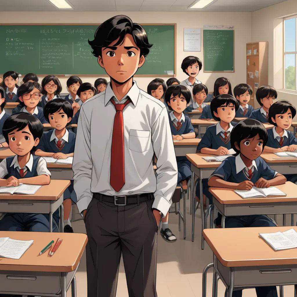 a man standing in front of a classroom full of students wearing ties and shirts and ties on their shirts, serial art, a manga drawing, Adam Manyoki, official art