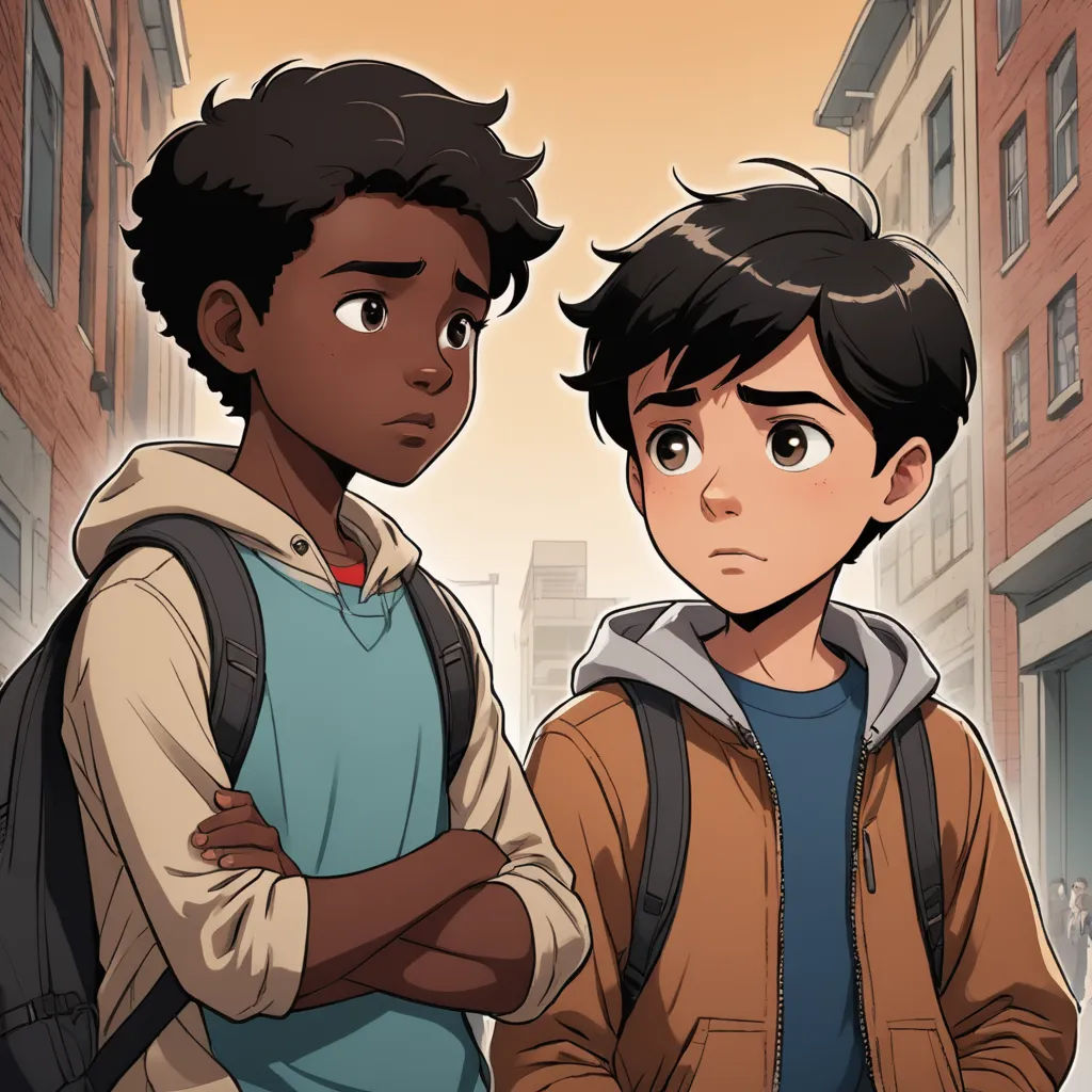two young men standing next to each other in a city street with buildings in the background and a yellow sky, serial art, a comic book panel, Everett Warner, comic cover art