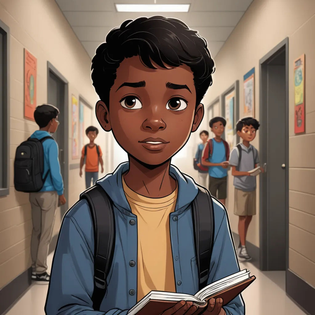a boy is standing in a hallway with a book in his hand and a group of people in the background, harlem renaissance, a comic book panel, Everett Warner, comic cover art