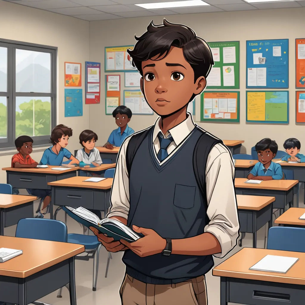 a boy standing in a classroom with a book in his hands and a book in his hand in front of him, paris school, a comic book panel, Cedric Seaut (Keos Masons), official art