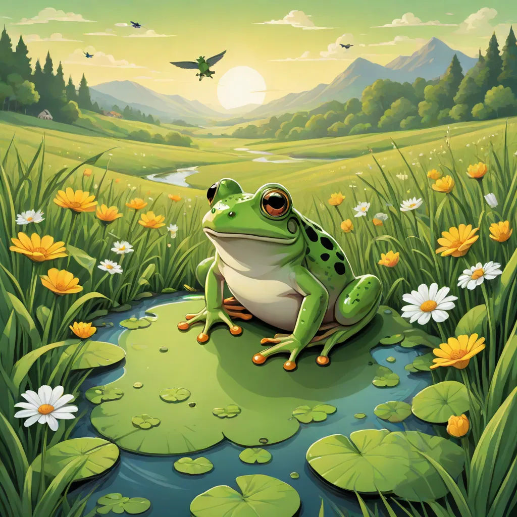 a frog sitting on a lily pad in a field of flowers and a bird flying over it in the background, ecological art, a storybook illustration, Chris LaBrooy, highly detailed digital art