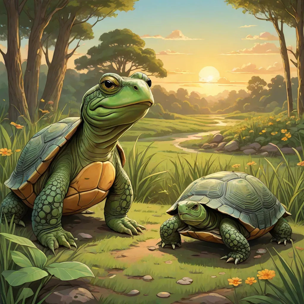 two turtles are walking in the grass near a river and trees at sunset, with the sun shining on the ground, fantasy art, a storybook illustration, Brothers Hildebrandt, storybook illustration
