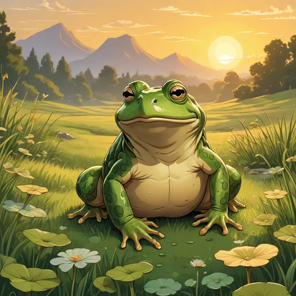 a frog sitting in the grass with a sunset in the background and a mountain range in the background with lily pads, fantasy art, a storybook illustration, Andries Stock, magic the gathering artwork