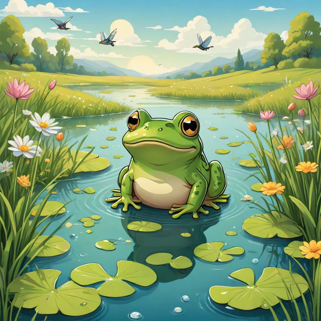 a frog sitting on a lily pad in a pond with lily pads and birds flying above it in a sunny day, fantasy art, a storybook illustration, Andries Stock, highly detailed digital art